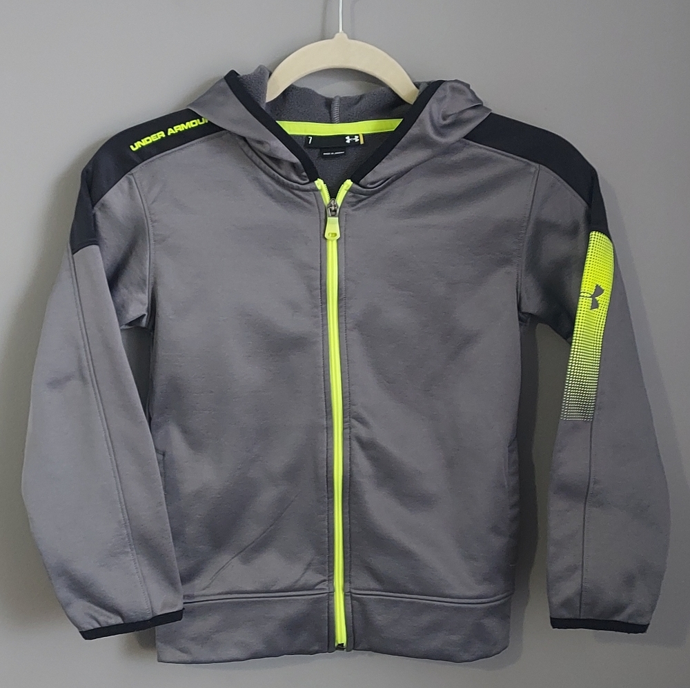 Under Armour girl's size 7 full front zipper gray/fluorescent green trim jacket